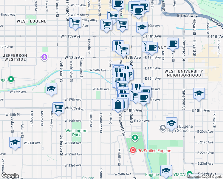 map of restaurants, bars, coffee shops, grocery stores, and more near 1680 Olive Street in Eugene