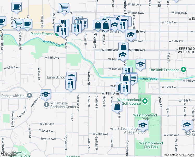 map of restaurants, bars, coffee shops, grocery stores, and more near 2019 West 17th Avenue in Eugene