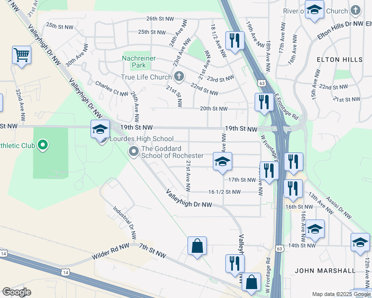 map of restaurants, bars, coffee shops, grocery stores, and more near 1763 21st Avenue Northwest in Rochester