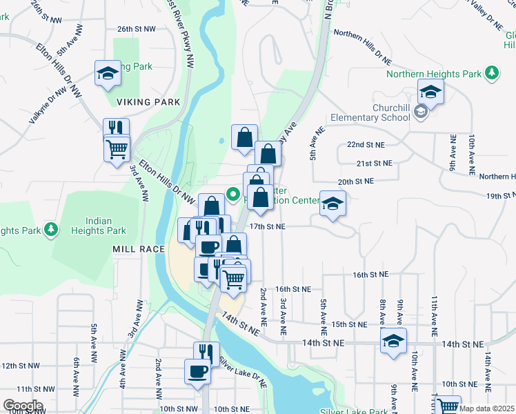 map of restaurants, bars, coffee shops, grocery stores, and more near 1700 North Broadway Avenue in Rochester