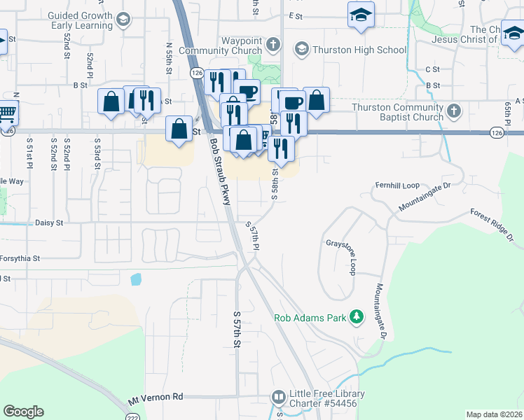 map of restaurants, bars, coffee shops, grocery stores, and more near 5705 Daisy Street in Springfield