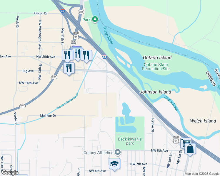 map of restaurants, bars, coffee shops, grocery stores, and more near 1574 Northwest 9th Street in Ontario