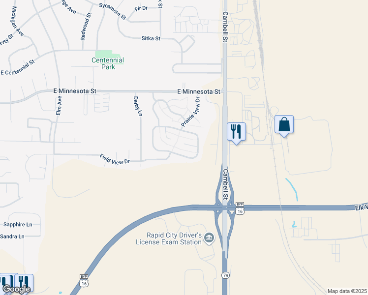 map of restaurants, bars, coffee shops, grocery stores, and more near 1213 Harvest Lane in Rapid City