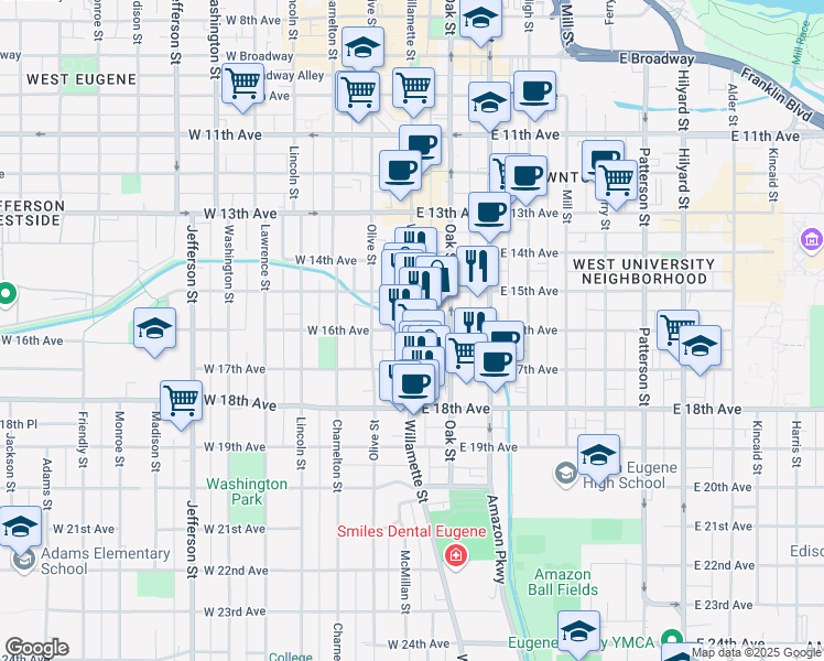 map of restaurants, bars, coffee shops, grocery stores, and more near 2 East 16th Avenue in Eugene