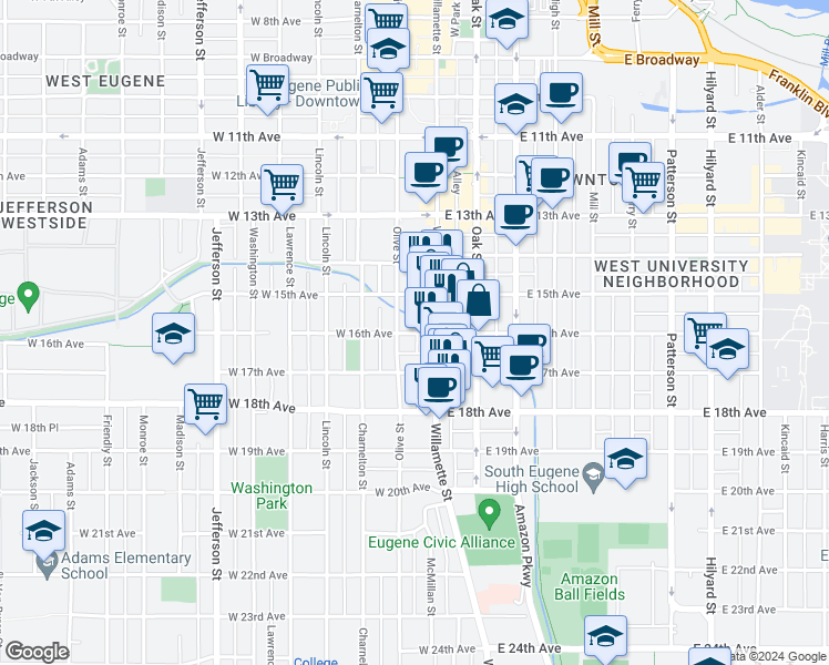 map of restaurants, bars, coffee shops, grocery stores, and more near 67 West 16th Avenue in Eugene