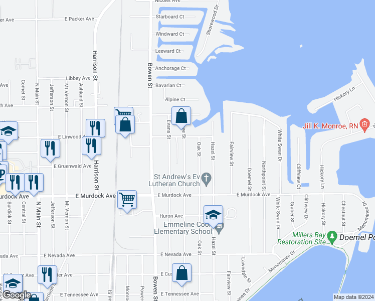 map of restaurants, bars, coffee shops, grocery stores, and more near 1934 Grove Street in Oshkosh