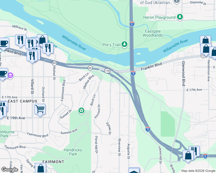 map of restaurants, bars, coffee shops, grocery stores, and more near 1550 Sylvan Street in Eugene