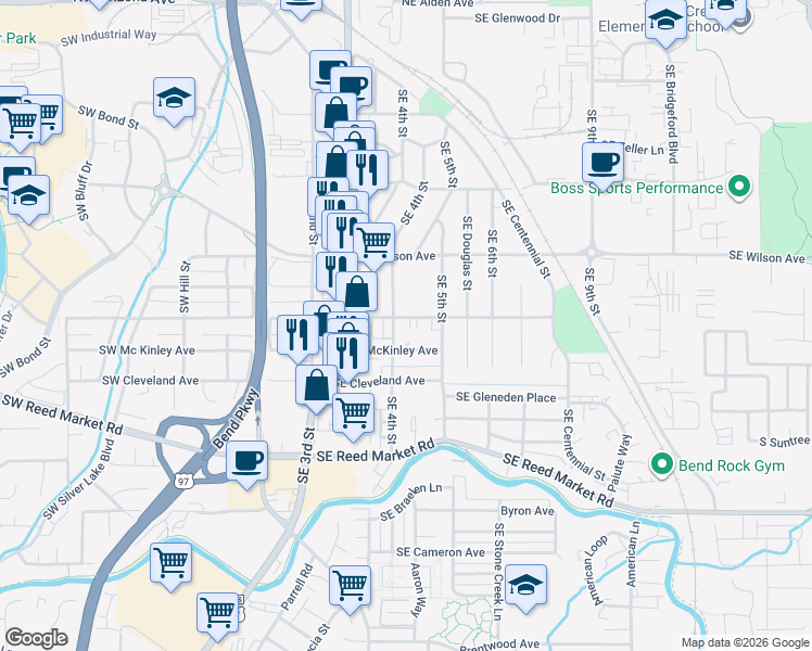 map of restaurants, bars, coffee shops, grocery stores, and more near 429 Southeast Roosevelt Avenue in Bend