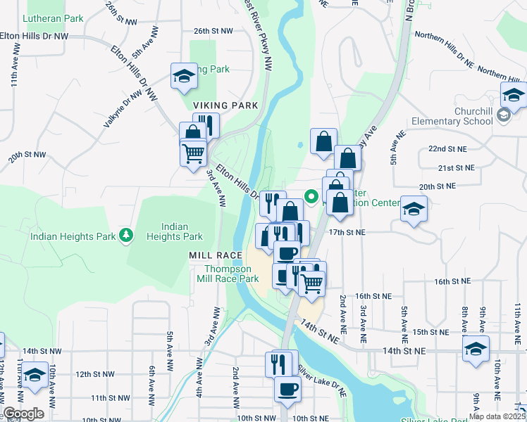 map of restaurants, bars, coffee shops, grocery stores, and more near 1720 3rd Avenue Northwest in Rochester