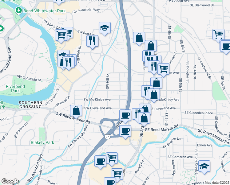 map of restaurants, bars, coffee shops, grocery stores, and more near 45 Southwest Taft Avenue in Bend