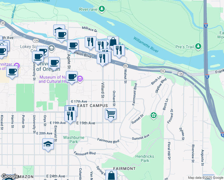 map of restaurants, bars, coffee shops, grocery stores, and more near 1505 Orchard Street in Eugene