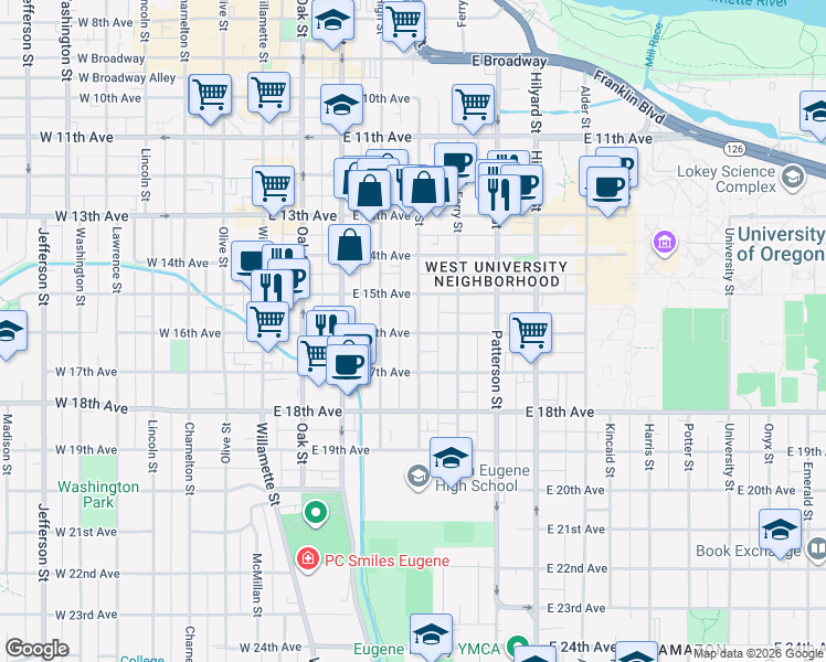 map of restaurants, bars, coffee shops, grocery stores, and more near 1524 Mill Street in Eugene