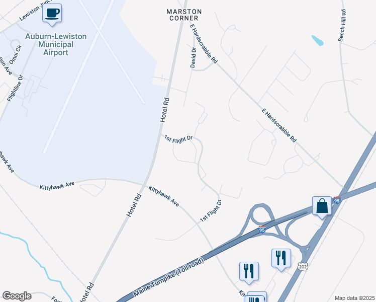 map of restaurants, bars, coffee shops, grocery stores, and more near 2-68 1st Flight Drive in Auburn