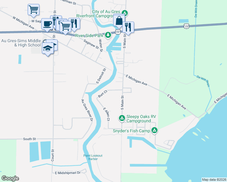 map of restaurants, bars, coffee shops, grocery stores, and more near 501-537 West Smith Street in Au Gres