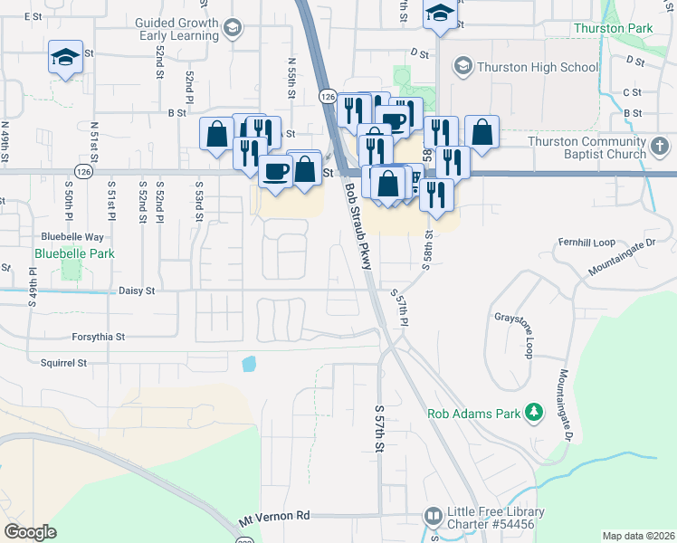 map of restaurants, bars, coffee shops, grocery stores, and more near 205 South 54th Street in Springfield