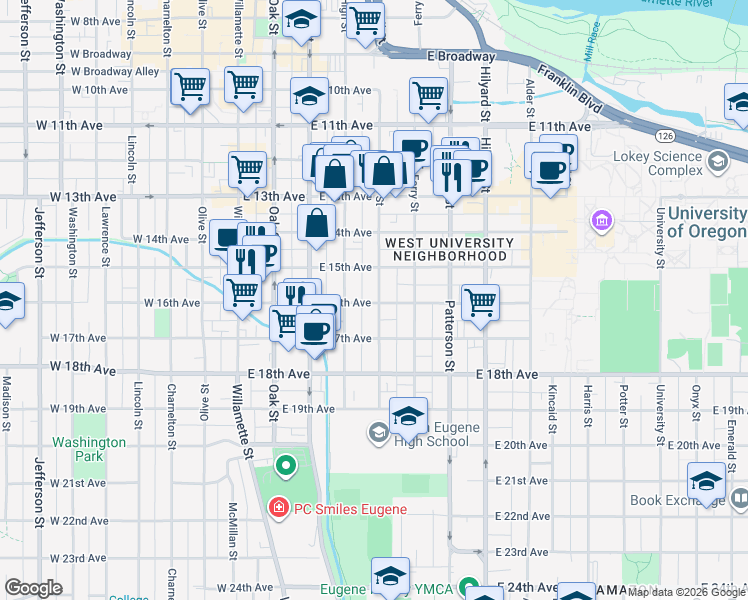 map of restaurants, bars, coffee shops, grocery stores, and more near 1524 Mill Street in Eugene