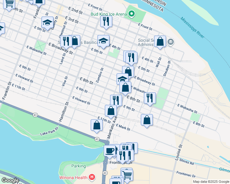 map of restaurants, bars, coffee shops, grocery stores, and more near 400 High Forest Street in Winona