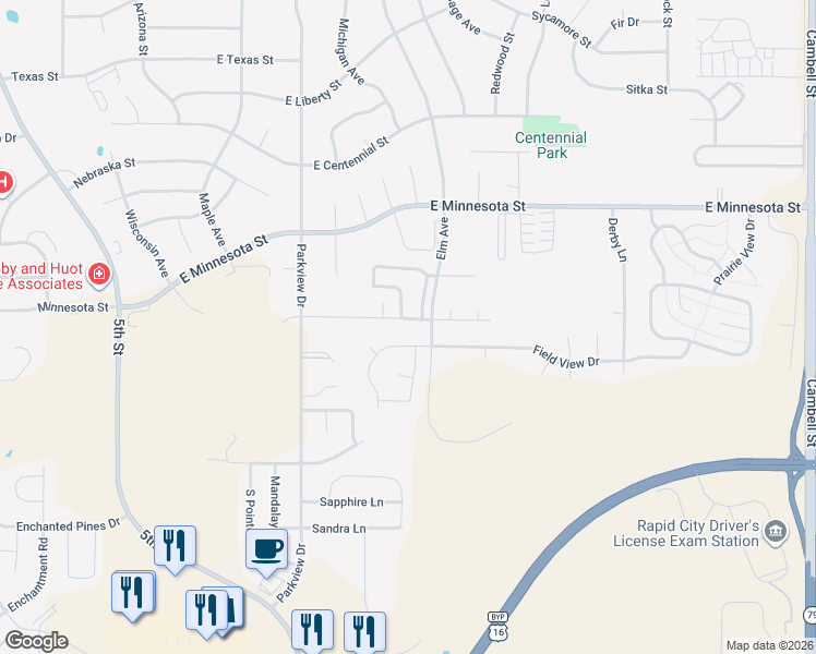 map of restaurants, bars, coffee shops, grocery stores, and more near 537 Hanover Drive in Rapid City
