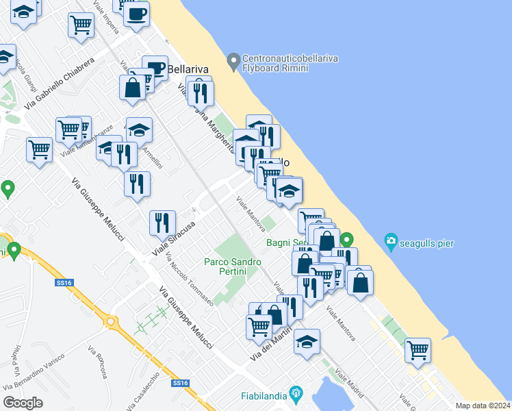 map of restaurants, bars, coffee shops, grocery stores, and more near 83 Viale Regina Margherita in Rimini