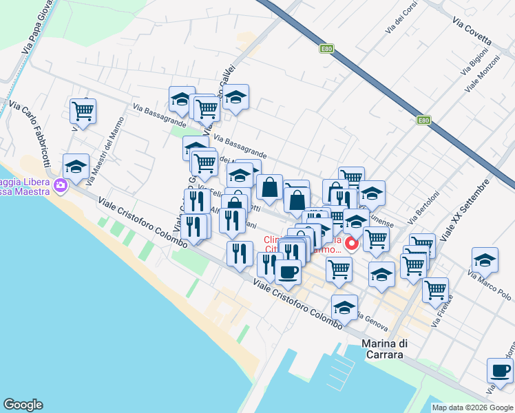 map of restaurants, bars, coffee shops, grocery stores, and more near 81 Via dei Mille in Carrara