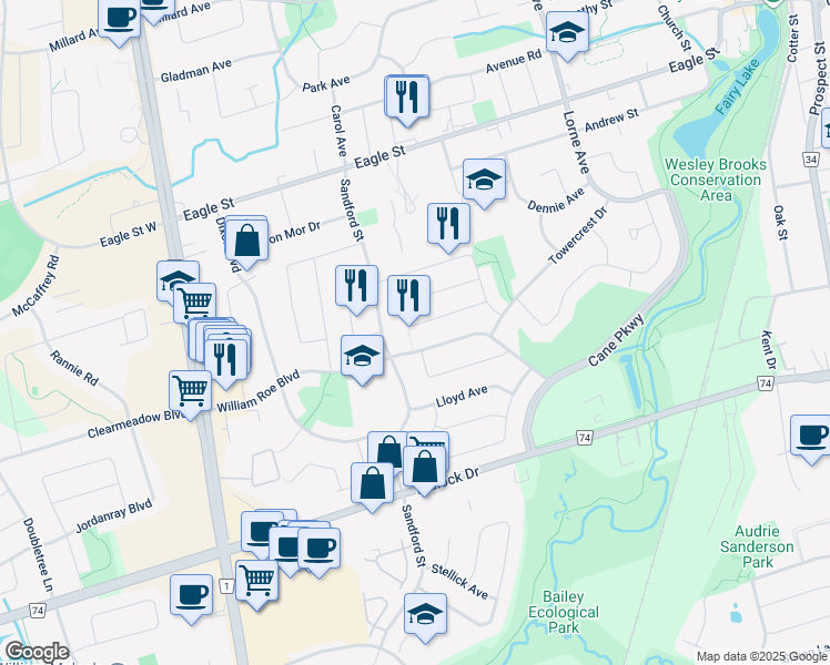 map of restaurants, bars, coffee shops, grocery stores, and more near 203 Thoms Crescent in Newmarket