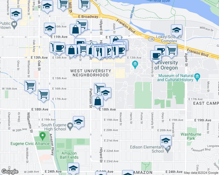map of restaurants, bars, coffee shops, grocery stores, and more near 771 East 16th Avenue in Eugene