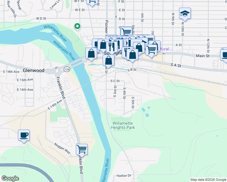 map of restaurants, bars, coffee shops, grocery stores, and more near 233 South C Street in Springfield