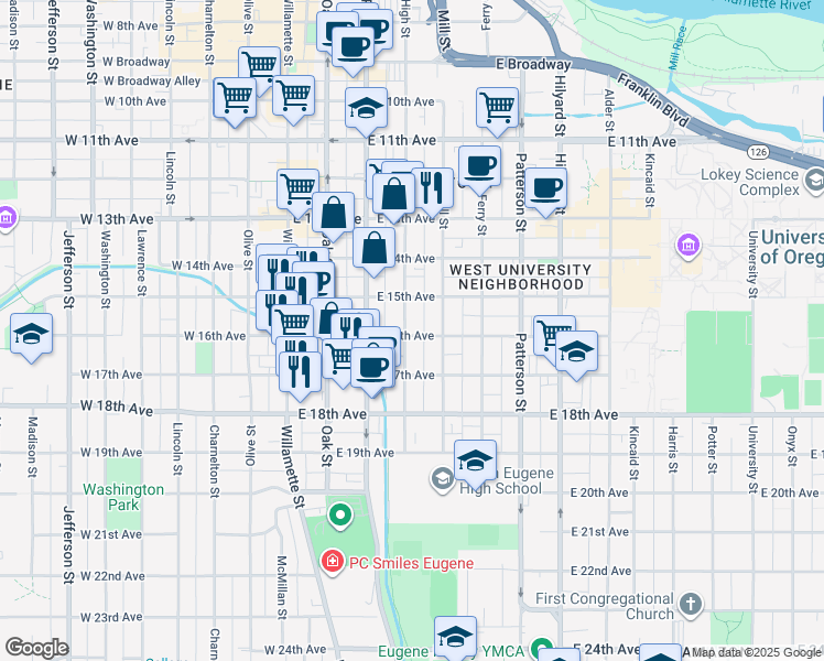 map of restaurants, bars, coffee shops, grocery stores, and more near 1530 High Street in Eugene