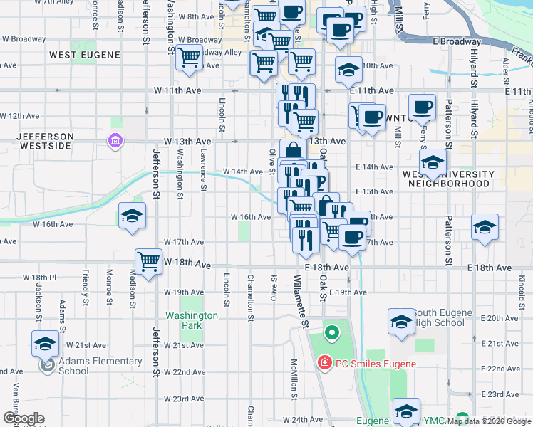 map of restaurants, bars, coffee shops, grocery stores, and more near in Eugene