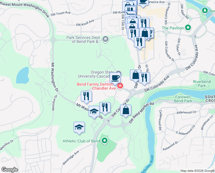 map of restaurants, bars, coffee shops, grocery stores, and more near 1707 Southwest Simpson Avenue in Bend
