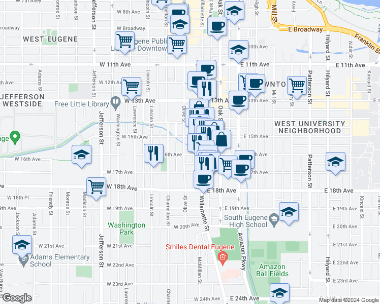 map of restaurants, bars, coffee shops, grocery stores, and more near 85 West 16th Avenue in Eugene