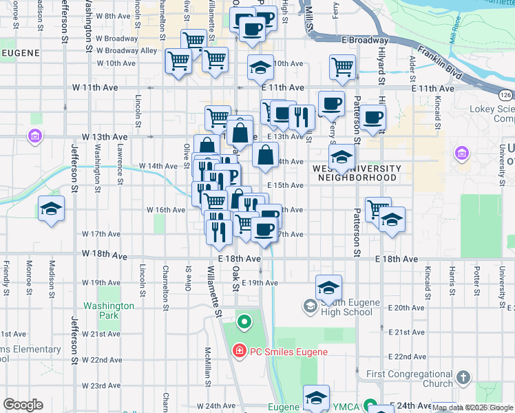 map of restaurants, bars, coffee shops, grocery stores, and more near 1520 Pearl Street in Eugene