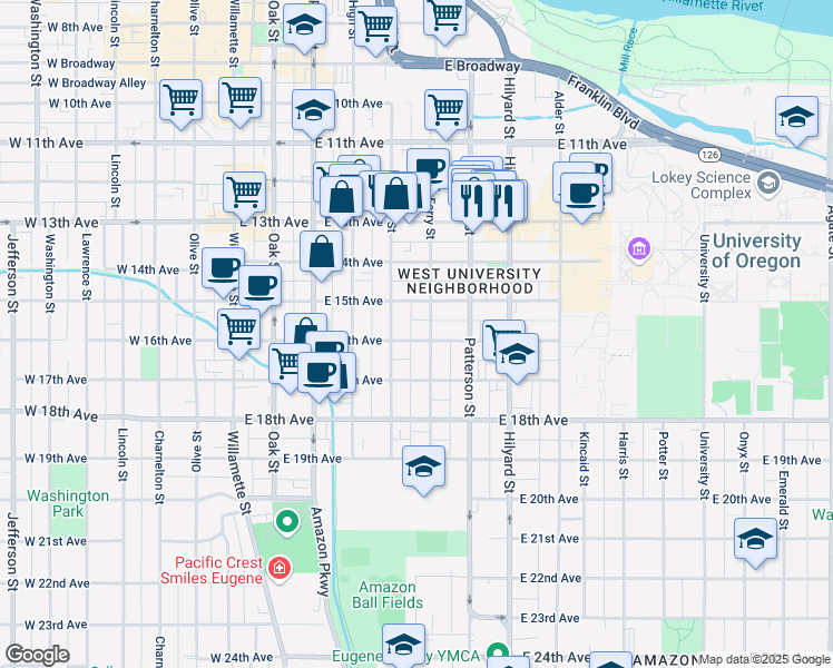 map of restaurants, bars, coffee shops, grocery stores, and more near 473 East 16th Avenue in Eugene