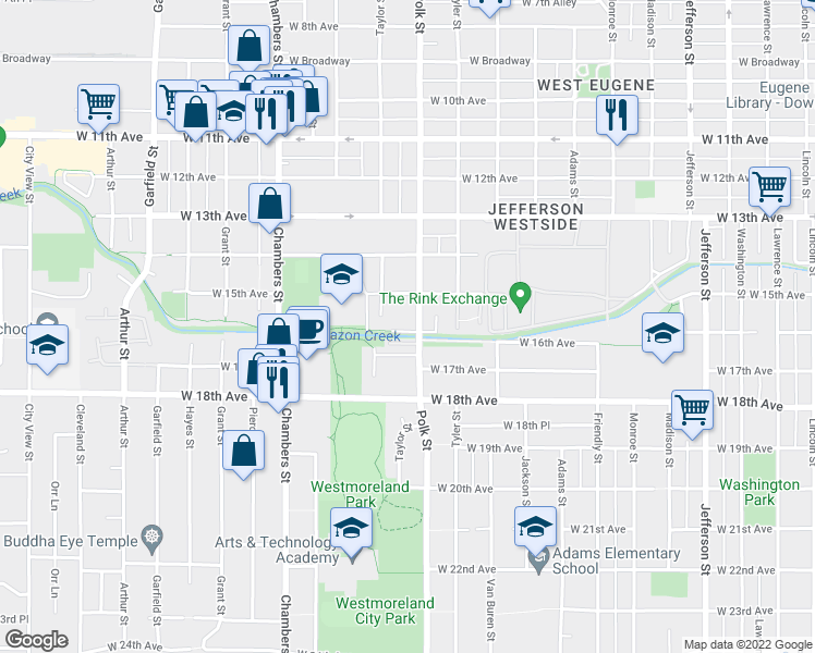 map of restaurants, bars, coffee shops, grocery stores, and more near 1325 West 16th Avenue in Eugene