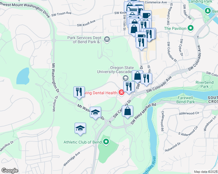 map of restaurants, bars, coffee shops, grocery stores, and more near 1707 Southwest Simpson Avenue in Bend