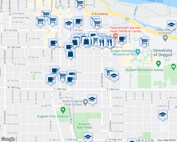 map of restaurants, bars, coffee shops, grocery stores, and more near 1528 Ferry Street in Eugene