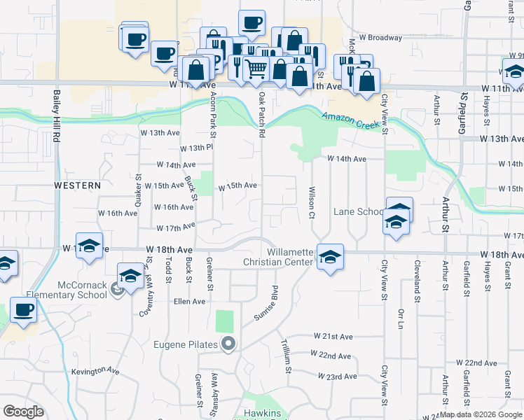 map of restaurants, bars, coffee shops, grocery stores, and more near 1621 Oak Patch Road in Eugene