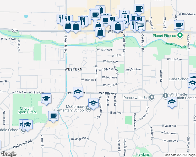 map of restaurants, bars, coffee shops, grocery stores, and more near 1518 Brittany Street in Eugene