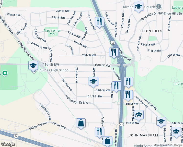 map of restaurants, bars, coffee shops, grocery stores, and more near 1835 19th Avenue Northwest in Rochester