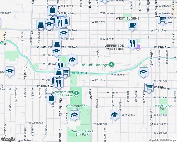 map of restaurants, bars, coffee shops, grocery stores, and more near 1592 Polk Street in Eugene