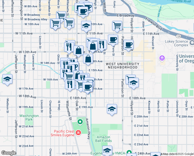 map of restaurants, bars, coffee shops, grocery stores, and more near 1591 High Street in Eugene