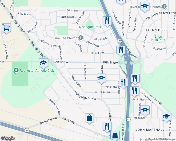 map of restaurants, bars, coffee shops, grocery stores, and more near 2015 18 1/2 Street Northwest in Rochester
