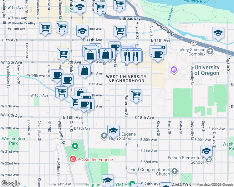 map of restaurants, bars, coffee shops, grocery stores, and more near 1589 Ferry Street in Eugene