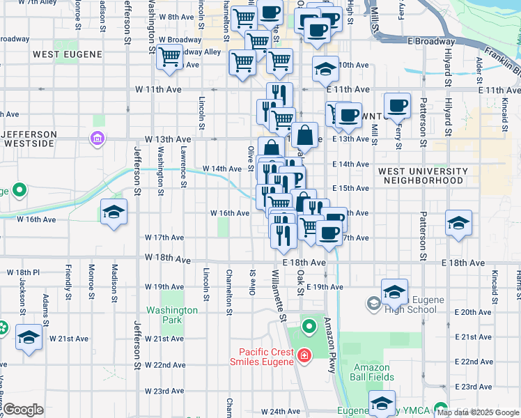 map of restaurants, bars, coffee shops, grocery stores, and more near 63 West 16th Avenue in Eugene