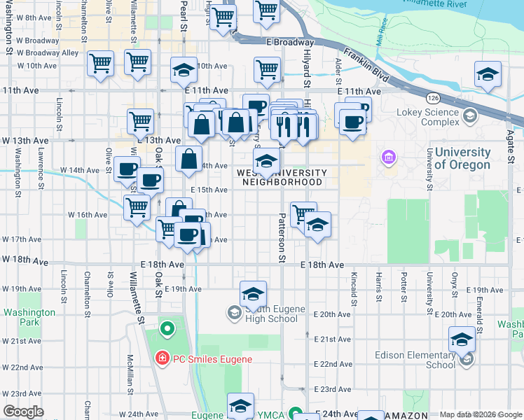 map of restaurants, bars, coffee shops, grocery stores, and more near 1575 Ferry Street in Eugene