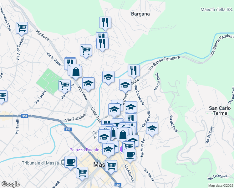 map of restaurants, bars, coffee shops, grocery stores, and more near 134 Via Felice Cavallotti in Massa