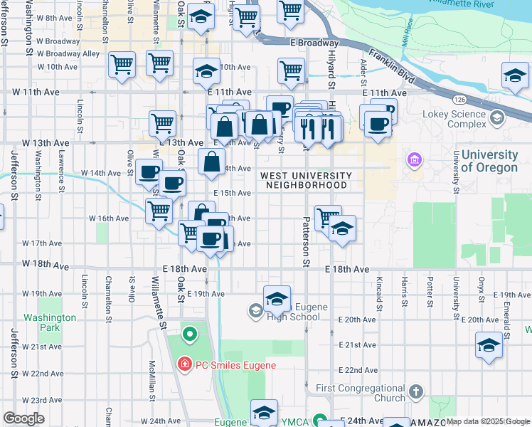 map of restaurants, bars, coffee shops, grocery stores, and more near 447 East 16th Avenue in Eugene