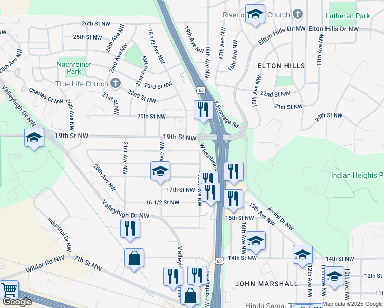 map of restaurants, bars, coffee shops, grocery stores, and more near 1812 18 1/2 Street Northwest in Rochester
