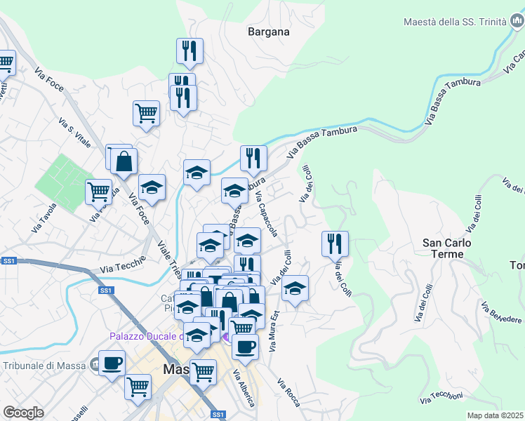 map of restaurants, bars, coffee shops, grocery stores, and more near 72 Via Capaccola in Massa