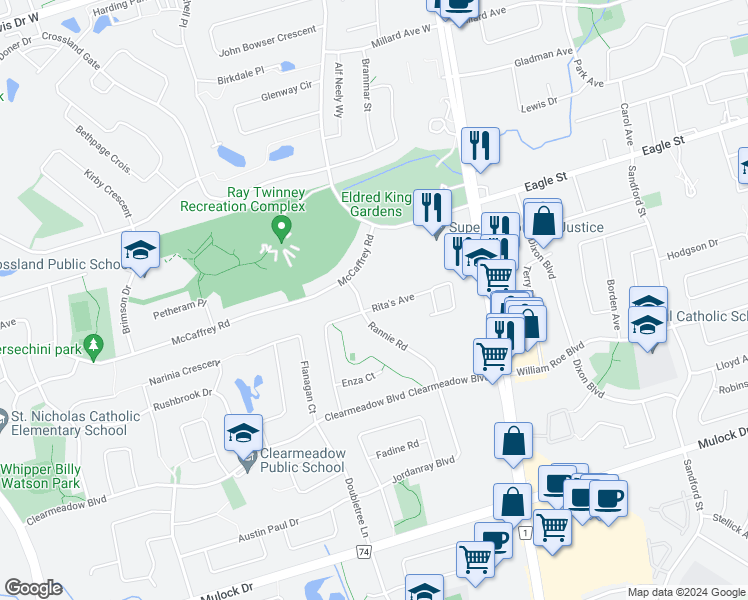 map of restaurants, bars, coffee shops, grocery stores, and more near 334 Ritas Avenue in Newmarket